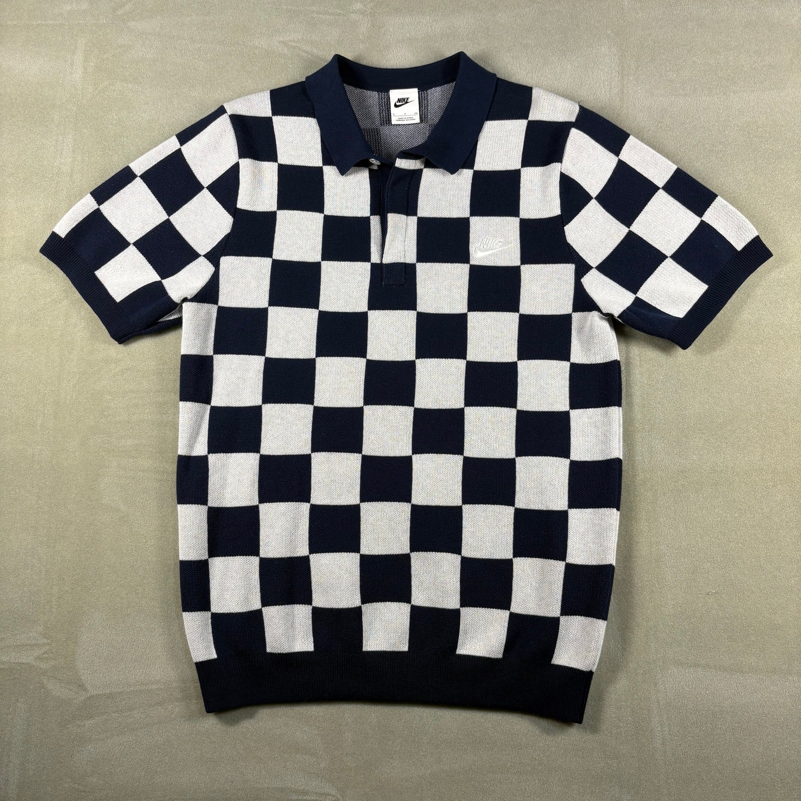 Nike Checkered Knit Polo Shirt Small Navy White Checkerboard Short Sleeve